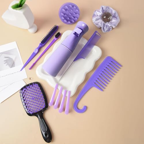 12 Pcs Hair Brush Set with Continuous Hair Spray Bottle for Women, Rat Tail Combs for Toddlers, Soft Scalp Massager, Detangling Hairbrush for Wet Dry Curly Hair (purple) - color: Purple