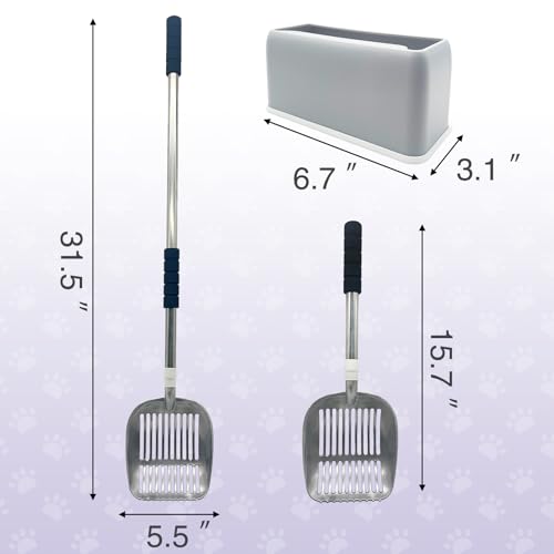 PINVNBY Cat Litter Scooper, Long Handle Litter Sifter Scoop with Litter Scoop Holder Stainless Steel Kitten Scooper Deep Kitty Litter Scooper with Box Metal Detachable Sifting Litter Shovel Set - color: Silver