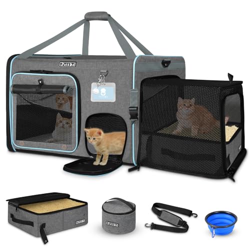 Side Expandable Extra Large Cat Carrier with Litter Box, Grey | 24"L x 17"W x 17"H, Privacy Curtain and Lockable Safety Zippers, for Long Distance Car Travel, Cats Under 55 lbs - color: grey