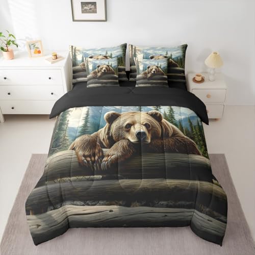 Erosebridal Nature Forest Bear 7 Piece Comforter Set Queen Size Wild Animals Forest Bedding Set for Child Boys Girls | Rustic Cabin Woodland Brown Bear Sheets Mountain Hunting Wildlife Duvet Insert - color: Brown Green Blue, size: Queen