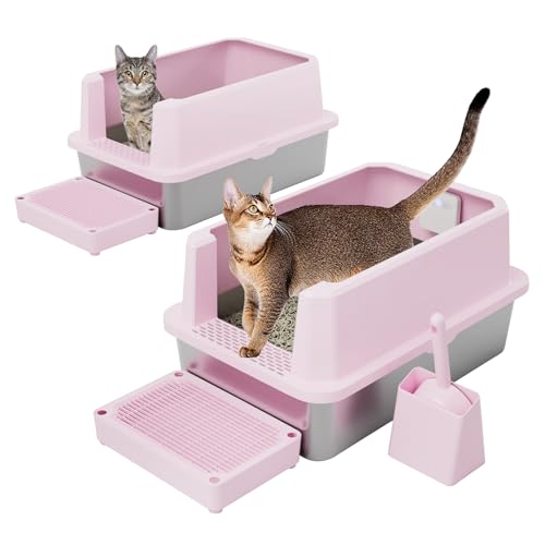 RIZZARI High-Sided Large Cat Litter Box: 2-Pack for Multi-Cat Use | 304 Steel Odor-Resistant Tray / 6.5" High Splash Guard / Dual Anti-Tracking / Built-In Deodorizer / Spacious for Large Breeds - color: Pink with Deodorizer, 2 Pack