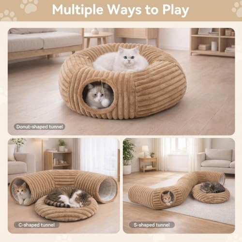 Dogpals Cat Tunnel Bed Cave 33" Lx10 Wx10 H for Indoor Cats(Khaki) | Washable Cozy Cushion, Soft Striped Plush Fabric, Hideaway Peekaboo Cave for Kittens, Puppies, Rabbits & Small Pets - color: Khaki