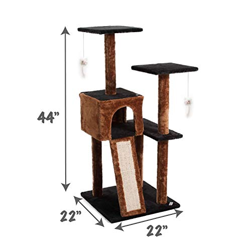 Cat Tree Condo Tower with Scratching Posts - Kitten Perch Furniture Play House, Durable Sisal Wrapped, with Mouse Moving Cat Toy, Climbing Platform - Dark Brown/Blue, 44" x 22" x 22"
