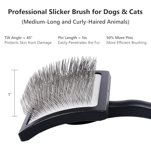 3PCS Slicker Brush for Dogs & Pet Comb,Professional Dog Grooming Brush (Goldendoodles,Poodles,Labradoodles) with Extra Long Pins to Effectively Remove Tangles, Knots,Mats Hair Collection Bottle(Black) - color: Black