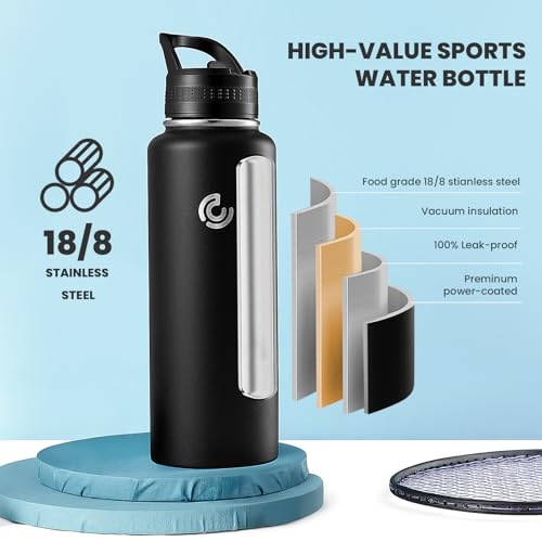 COKTIK 40oz Sports Water Bottle, Stainless Steel Water Bottle for Insulated, Reusable Travel Bottle, With Straw, With Handle Grip for Easy Carrying, Suitable for Cycling, Outdoor Vacations(Black) - color: Black, size: 40 Ounces