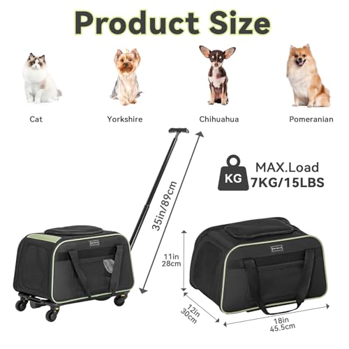 Petsfit Cat Carrier with Wheels, Removable Spinner Wheels, Up to 13 lb | Fits pets up to 15 L x 8 H in and 13 lb; removable spinner wheels, anti-sag frame, 4-sided mesh, safety tether and locks. - color: Black & Green, size: 20.1"L x 12.2"W x 14.2"H