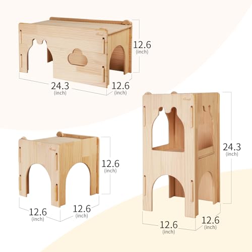 Niteangel Wooden Rabbit Castle and Hideout - Spacious and Breathable Bunny House Tunnel for Rabbit Chinchilla Guinea Pigs or Other Small-Sized Pets (Full Set Castle)