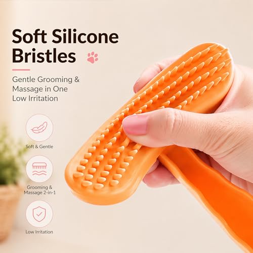 Large Silicone Grooming Brush for Rabbits, Cats & Small Dogs | Rabbit, Cat & Dog Fit | Soft Low-Stimulation Brush | Curved Pet Fit | Daily Bonding | Rinse-Clean Head - color: Orange, size: Large