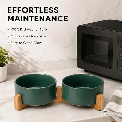 SPUNKYJUNKY Ceramic Dog and Cat Bowl with Wood Stand Non-Slip Matte Glaze Weighted Food Water Set for Cat Medium Dog 28.7 OZ - color: Green × 2, size: 3.6 cups