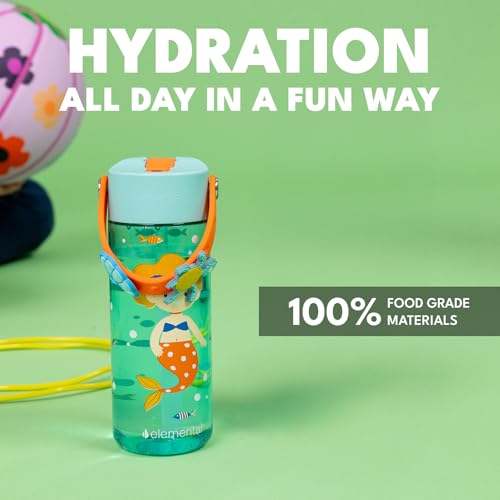 Elemental Water Bottles for Kids - Splash Kids Water Bottle for School with Fun Charm Handle - BPA Free Tritan Plastic Bottle with Straw Leak Proof When Spout is Closed - 18oz - Sunny Mermaid - color: Sunny Mermaid