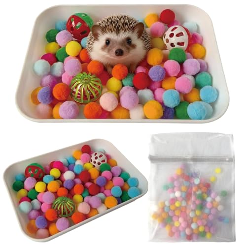 Hedgehog Dig Box Enrichment Cage Accessories, Funny Dig Box Toys, Interactive Foraging Tray with Laundry Bag, 3 Bell Balls & 100 Colorful Pom Poms, for Hedgehogs, Hamsters, Ferrets, Kittens