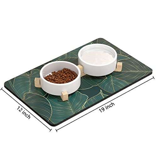 Rnivvi Dog Food Mat, 12" x 19" Flower Absorbent Dog Cat Bowl Mat for Food and Water, Cute Anti-Slip Rubber Pet Feeding Rug Protect Floors, Puppy Placemat for Feeding & Watering Supplies, Tropical - color: Tropical Palm Leaves, size: 12"x19" (Regular)