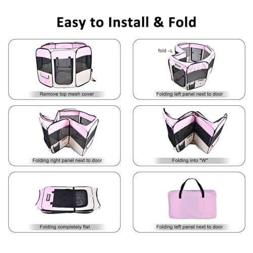Jespet Soft Dog Playpen, Portable Pet Exercise Pen Kennel with Carry Bag | 2-Door, Easy to Fold, Ground Stakes, Zipper Locks, Large Storage Pocket, Washable Top Mesh Cover & Bottom Cover - color: Pink, style: 45x45x24 Inch (Pack of 1)