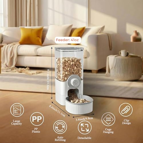 41 oz Hanging Gravity Feeder for Small Animals, Rabbits & Guinea Pigs | Adjustable Cage Height | No-Open-Cage Refill | Space-Saving | Clear Reservoir | Versatile Food Compatibility - color: White