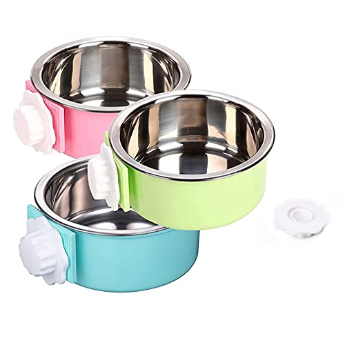 Crate Dog Bowl,Removable Stainless Steel Water Food Feeder Bowls Crate Coop Cup,Pet Cage Bowls with Bolt Holder for Cat, Puppy, Birds, Rats, Rabbits Small Animals ((Blue+Green+Pink) Round, Large) - color: (Blue+Green+Pink) Round, size: Large