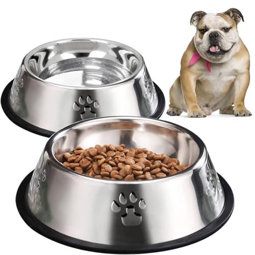 YUDANSI 2 Stainless Steel Dog Bowls, Dog Feeding Dishes, Doggie Plate Food Bowls with Rubber Base, Medium and Large Pet Feeder for Food and Water (L-28.8oz) - size: L-28.8oz