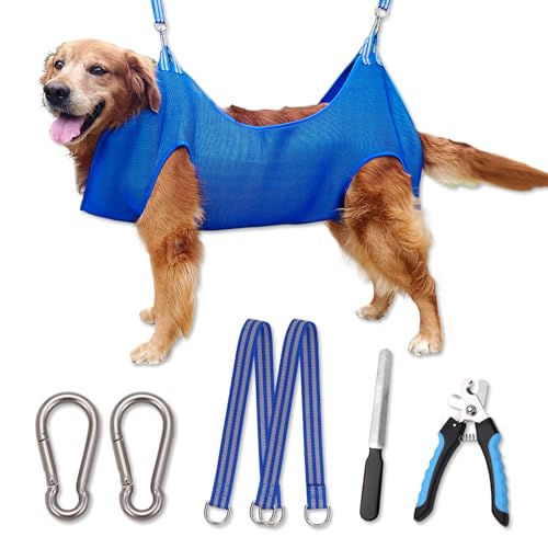 Kkiimatt 10 in 1 Pet Grooming Hammock Harness with Nail Clippers/Trimmer, Nail File, Comb,Dog Nail Hammock, Dog Grooming Sling for Nail Trimming/Clipping (XXL/Under 120lb, Blue) - color: Blue, size: XXL/Under 100 lb