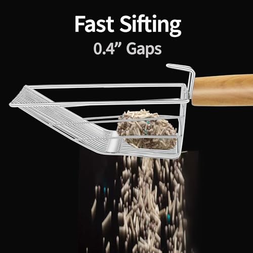 UFECODO Fast Sifting Cat Litter Scoop with Holder Stand, 2 Widths of Slots Stainless Steel Poop Scooper with Ergonomic Wood Handle, Heavy Duty and Easy Clean - size: 0.2&0.4inch gap