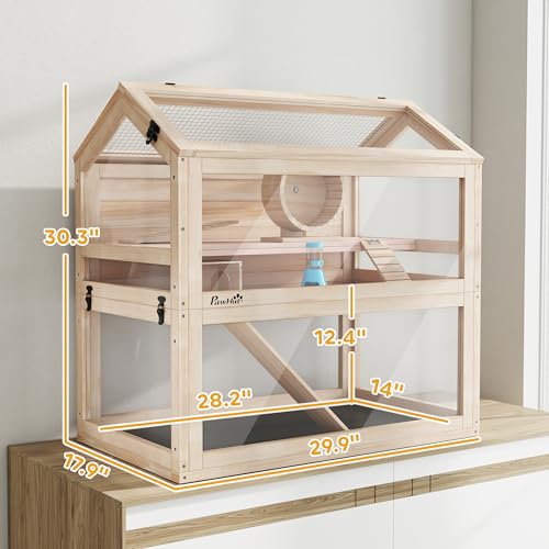 PawHut Wooden Hamster Cage for Small Gerbil, Mice 30" x 18" x 30" | 3-Tier Small Animal Cage, Hut, Seesaw, Ramps, Exercise Wheel, Acrylic Panel, Bottom Tray, Dwarf Hamster Habitat