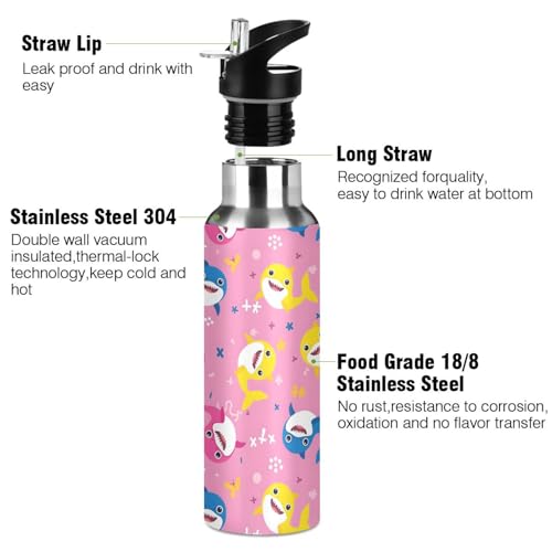 Shark Cartoon Pink Water Bottle Kids Stainless Steel Water Bottle with Straw Lid, Leak Proof Boys Girls Insulated Tumbler Cup for School 20 oz - color: Multi13