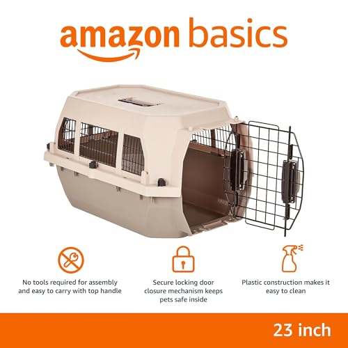 Amazon Basics Hard-Sided Dog and Cat Kennel, Single-Door Travel Pet Carrier with Metal Wire Ventilation, 23.6"L x 15.7"W x 13"H, Beige - color: Beige, size: 23.6"L x 15.7"W x 13.0"H