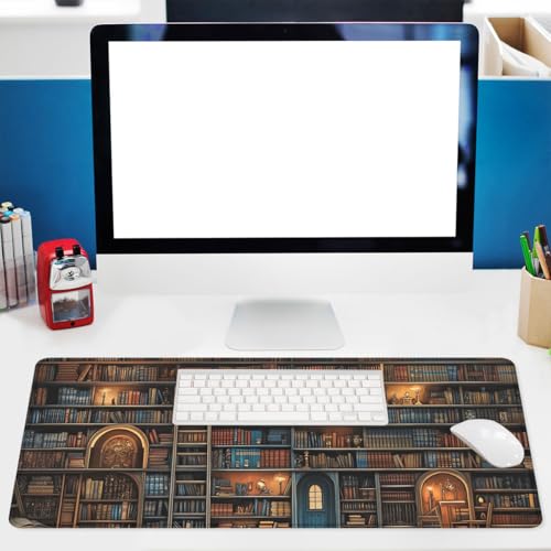 Shelves Desk Pad Mouse Pad Retro Old Bookshelf Bookcase Library Large Gaming Mouse Mat with Stitched Edges,Non-Slip Waterproof Rubber Base Mous Mat Office Computer Keyboard Laptop Home 31.5"x11.8" - color: Shelves, size: 31.5L x 11.8W inches