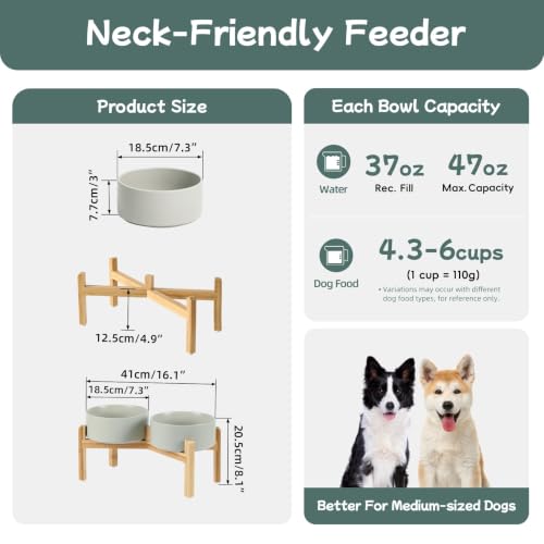 Havniva Dog Bowls Elevated, Ceramic Dog Food and Water Bowl Set | 7.3” Raised Dog Food Bowl, Elevated Dog Bowls with Bamboo Stand, Non-Slip Dog Water Bowl for Medium Dog, Large Capacity - color: Matte Gray, size: 7.3" - 2 Bowls+Stand