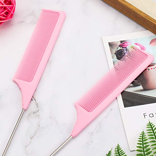 Leinuosen 3 Pack 9 Inch Rat Tail Comb with Metal Pick, Carbon Fiber,Pink | Heat Resistant Styling, Lightweight Sectioning, Fine Tooth for Precise Parting, Teasing Tool for Wigs and Women Haircare - color: Pink