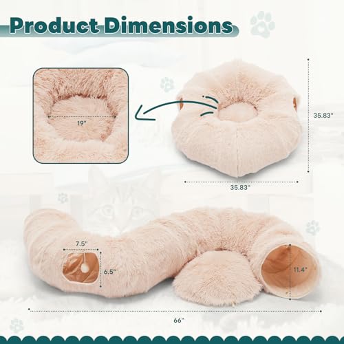 DUMOS Cat Tunnel Bed for Indoor Cats, Cave Donut Play Tunnel, Cream | Soft Plush Peekaboo, Washable Circle Cushion, Multifunctional Playground Under Tree Toys for Kittens, Puppy, Rabbit, Ferret - color: Cream