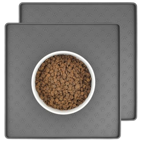 2 Pack Grey Pet Placemat for Dog and Cat, Waterproof Non-Slip Silicone Feeding Bowl Mat Prevent Food and Water Overflow, Puppy Dish Feeder Fountain Trays Suitable for Medium and Small Pets - color: Grey, size: 11.8"L x 11.8"W - 2 Pack