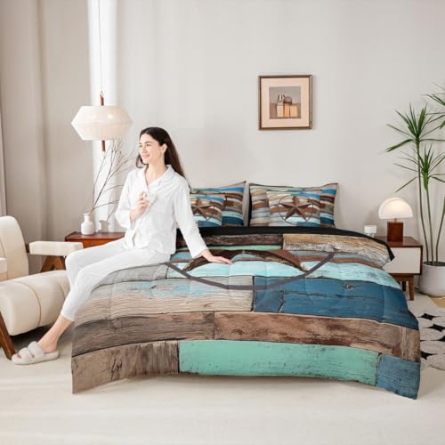 Erosebridal Texas Star 7 Piece Comforter Set Queen Bed in A Bag Retro Western Bedding Set for Kids Boys Girls Southwest Wooden Board Quilt Country Cabin Lodge Decor Sheet Set with Comforter - color: Brown Blue Green, size: Queen