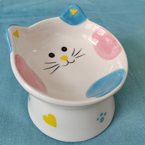 Cute Ceramic Raised Cat Bowls Elevated Design, 15° Tilted FeederProtect Cat's Spine Anti Vomiting Blow for Flat Faced Cats, Kitten Small Dogs,Raise Tilted Cat Food Bowld Pet Dishes(Blue) - color: Blue