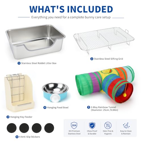 Stainless Steel Rabbit Litter Box with Hay Feeder & Sifting Grid | Bunny Litter Box Kit with Bowl & Tunnel, 6-Inch High Sides Help Reduce Mess, Low Entry for Easy Access, Grid for Drier Paws - size: L(19.7"×13.8"×5.9")