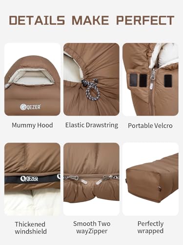 0 Degree Down Sleeping Bag for Adults,Cold Weather Backpacking | 650 Fill Power Down, 4-Season Use, Large Lightweight Compact Carry, Camping Hiking Backpacking - color: -8 Degree-Coffee