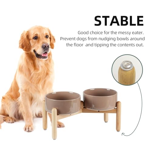 Havniva Elevated Dog Bowls Ceramic Dog Bowls with Stand, Dog Food Bowl | 7.3” Raised Dog Bowls with Non-Slip Wood Stand, Dog Food and Water Bowl Set, Double Dog Feeding Bowls for Medium Dogs - color: 2 Bowls+Stand - Brown Coffee, size: 7.3inch