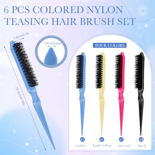 Yaomiao 6 Pcs Teasing Brush Set, 3 Row Nylon Rat Tail Combs for Fine Hair, Back Combing, Root Lifting, Scalp Massage, Hair Brushes for Women Salon Home Use(Black, Blue, Rose Red, Yellow) - color: Black, Blue, Rose Red, Yellow