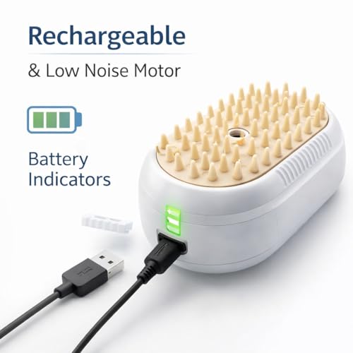 Three in One Electric Pet Grooming Brush with Fine Mist Spray | Combines massage, deshedding, and a fine mist spray to gently remove loose fur while cleaning the coat.