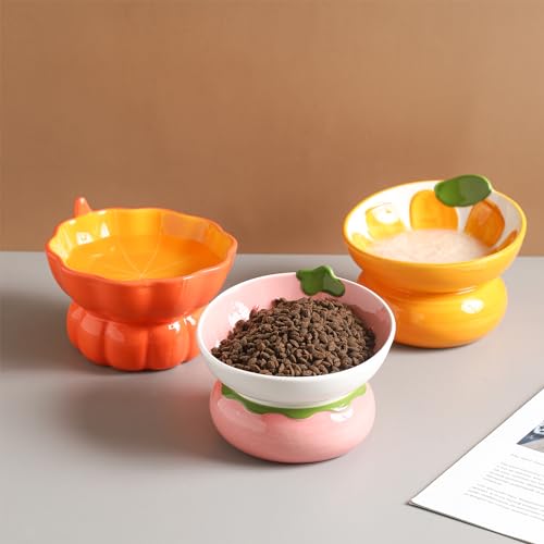 Cute Ceramic Raised Cat Food Bowl, Orange Shaped Cat Dish | Elevated Design, Fruit Themed, Anti Vomiting, Tilted Feeding, Indoor Cats - color: Yellow