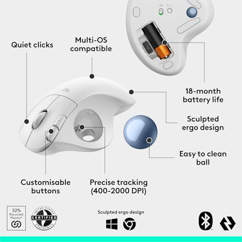 Logitech Ergo M575S Wireless Bluetooth Trackball Mouse- Off-White Blue Ball | Easy thumb control, precise and smooth tracking, Bluetooth and includes Logi Bolt USB receiver, PC Mac compatible - color: White + Blue Ball