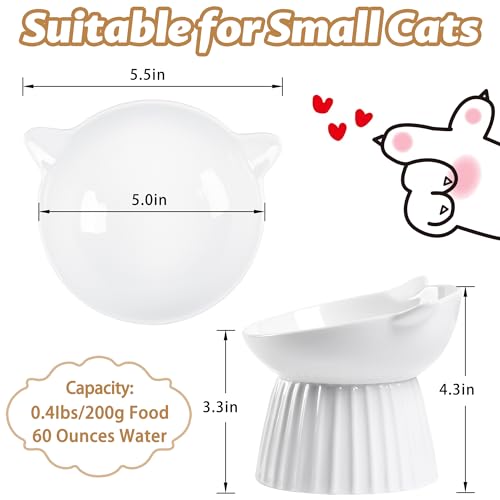 Ceramic Raised Cat Bowl，Tilted Raised Cat Bowl Anti Vomit Cat Bowls for Indoor Cats Whisker Friendly Pet Feeder for Cats Puppies, Microwave and Dishwasher Safe - color: White