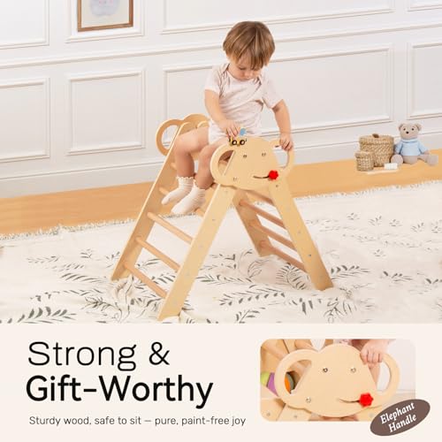 Pikler Triangle Set, Montessori 8-in-1 Climbing Set with Cushion | Wood Jungle Gym for 18M-5Y, Foldable, Reversible Animal Slide, Patent-Protected, 2.35in Gap, ASTM F963, Wood - color: Teak