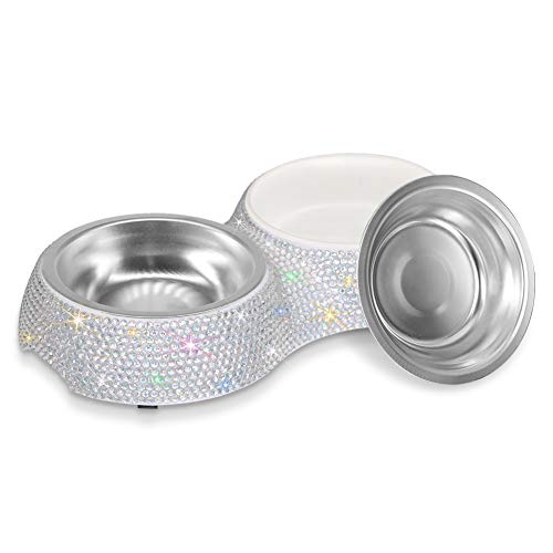 SAVORI Small Dog Bowls, Handmade Bling Rhinestones Stainless Steel Pet Bowls Double Food Water Feeder for Puppy Cats Dogs Cats (AB Color-320ml) - color: AB Color-320ml