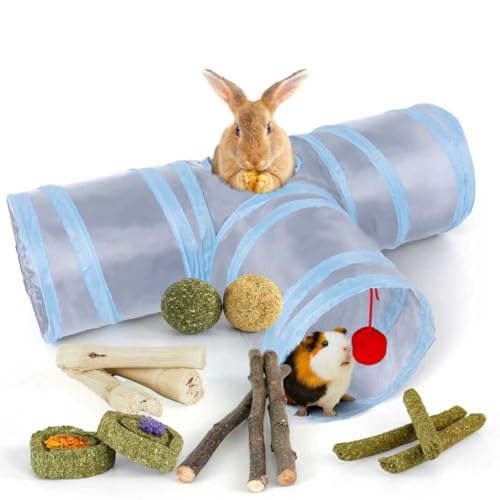 Bunny Tunnels & Tubes Collapsible 3 Way Rabbit Hideout with 13pcs Toys for Bunny Guinea Pig Hamster Chinchilla Hedgehog Rat Ferret Kitten (GY&BU) - color: GY&BU