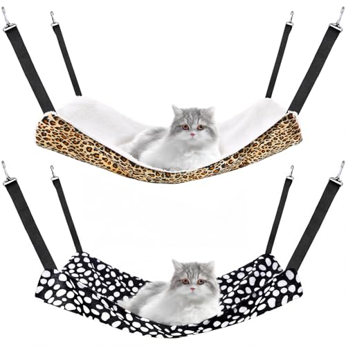 Jetec 2 Pack Cat Hammock for Cage, Catio Accessories Reversible Soft Cats Bed with Adjustable Straps and Hooks Double-Sided Linen and Fleece Hanging Hammock for Cats, Kitten(Leopard and Dot,M) - size: M
