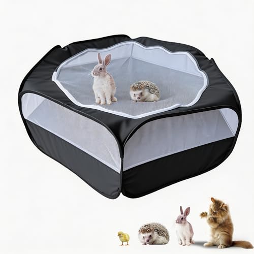 Small Animal Playpen with Zippered Mesh Cover - Portable Foldable Chicken Brooder Box, Indoor Outdoor Enclosure for Guinea Pigs, Bunny, Rabbits, Ferrets, Chinchillas, Kittens (Black) - color: Black