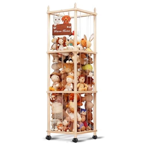 Large Stuffed Animal Storage with Cat & Dog Design, Wooden Stuffed Animal Zoo, Rolling Stuffed Animal Holder, Toy Storage Cage, Plushies Storage for Playroom Bedroom
