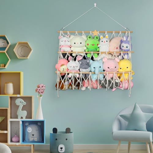 Starry Stuffed Animal Net Hammock Wall Hanging Handmade Boho Macrame Toy Hammock Organizer Holder Display Hanging Plush Toy Net for Corner Wall Stuffed Animal Storage(29.9" H x 31.5" W)