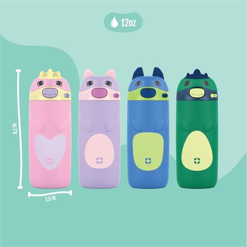Ello Ellies 12oz Stainless Steel Leakproof Kids Water Bottle, Cat | Insulated kids water bottle with straw, leakproof locking lid, carry handle, and stainless steel fun animal design for school - color: Cat, size: 12 Ounces