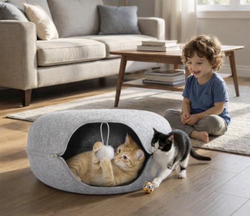 Cat Tunnel Bed - Comfort Bedz Large Donut Cave for Cats, Felt Enclosed Hideaway with Zipper, Top Perch, Interactive Toy, Washable Indoor Cat House