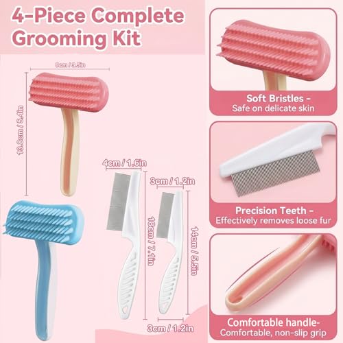 4pcs Bunny Brush Set, Rabbit Brush, Professional Bunny Grooming Tools for Rabbit Care, Pet Hair Maintenance for Shedding Season & Bath Time, in Pink, Blue and White Color